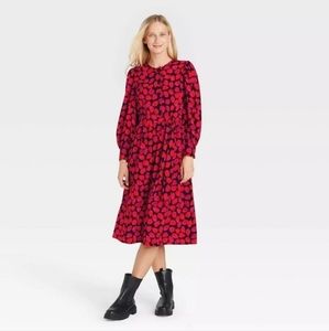 Long Puff Sleeve Red floral Dress